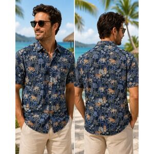 Apt. 9 XXL Tiger Print Stretch Cotton Men's Shirt Tropical Blue Short Sleeve